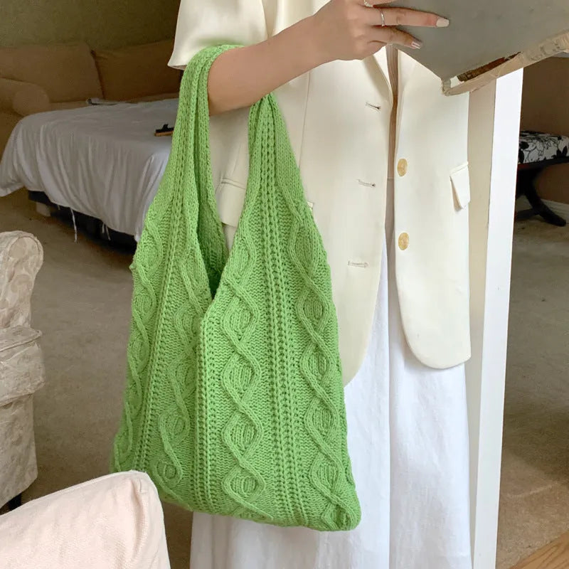 GWomens retro hollow knitted shoulder tote bag in woolen yarn with double straps and large 55cm capacity