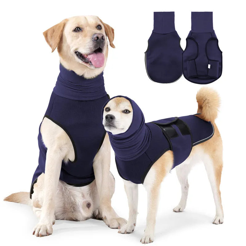 Army green dog anti-anxiety jacket made of polyester fabric on a medium-sized dog.