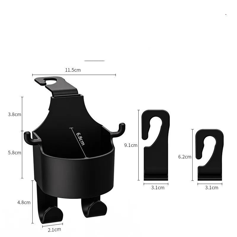 Black plastic car hook seat back organiser with cup holder and hook attachment