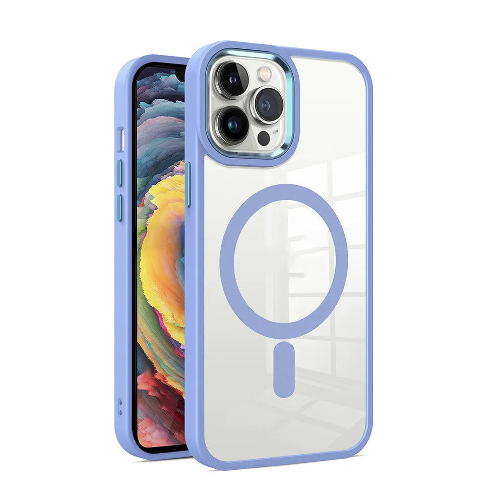 Magnetic transparent silicone phone case for iPhone in solid colours like black, blue, green, pink, and red.