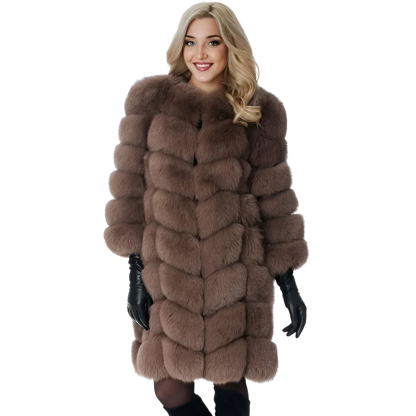 Women's artificial fur coat in dark camel colour with regular sleeves and 80cm length