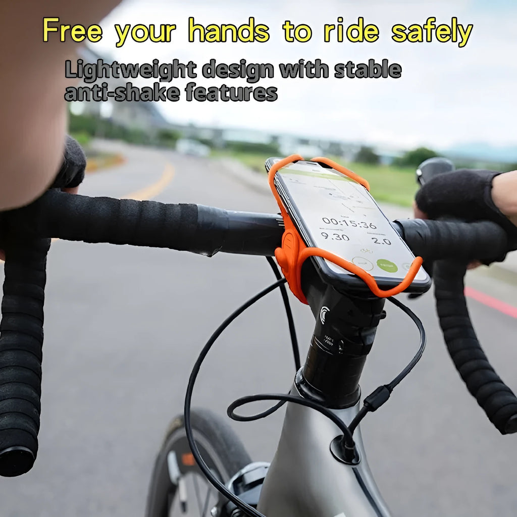 Black adjustable plastic road bike phone mount attached to bicycle handlebar