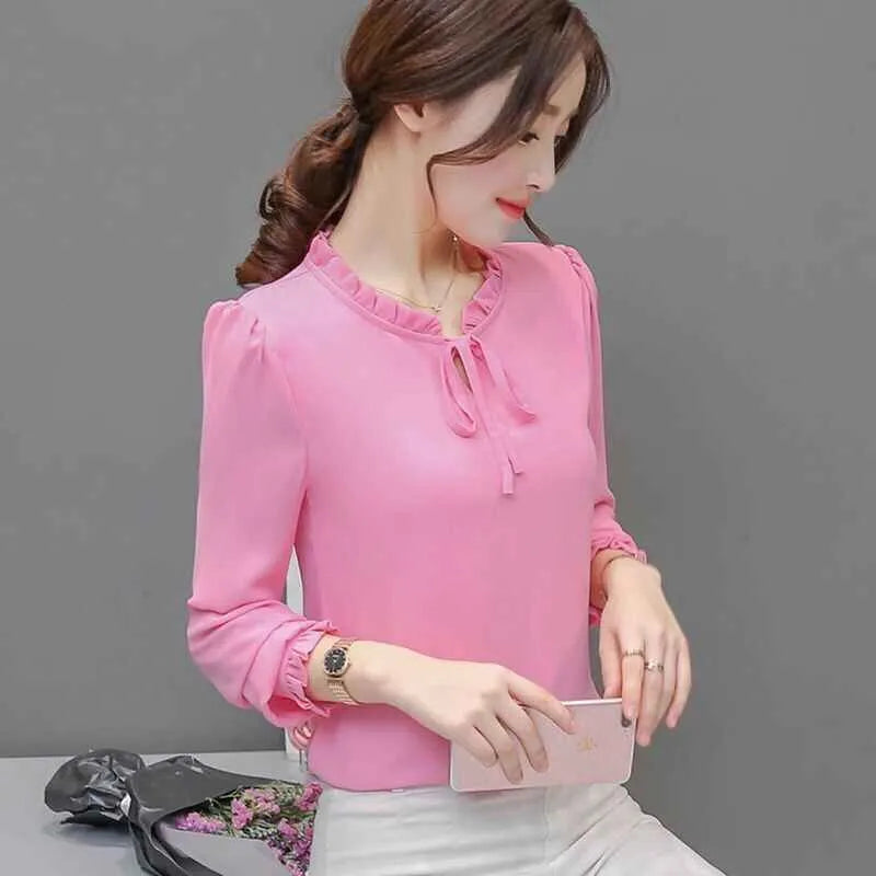 Loose plus size bow chiffon shirt women's long sleeve pullover polyester top in rose red
