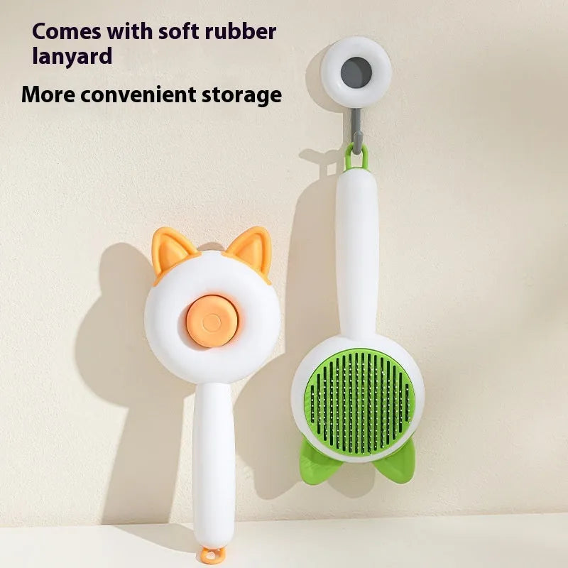 Self-cleaning cat grooming comb with stainless steel bristles in greenish white and orange white colour options