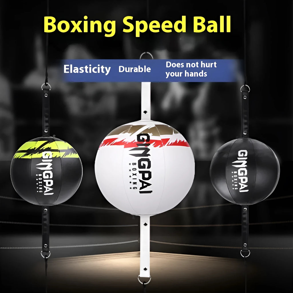 Black, green and black, and white hanging boxing speed ball for reaction training