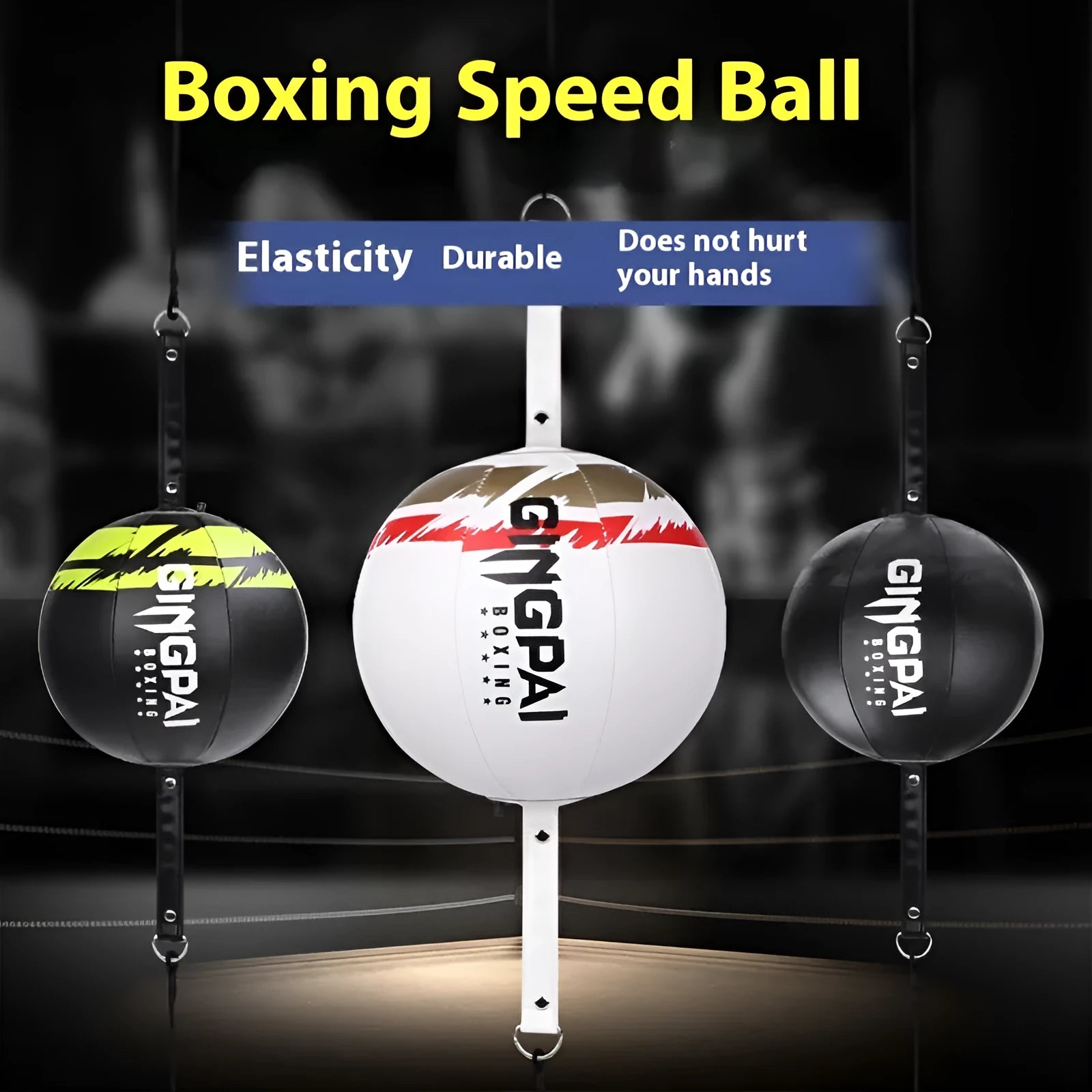 Black, green and black, and white hanging boxing speed ball for reaction training