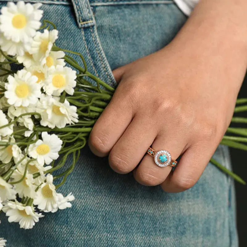 Women's turquoise ethnic ring with geometric zircon designs in rose gold colour