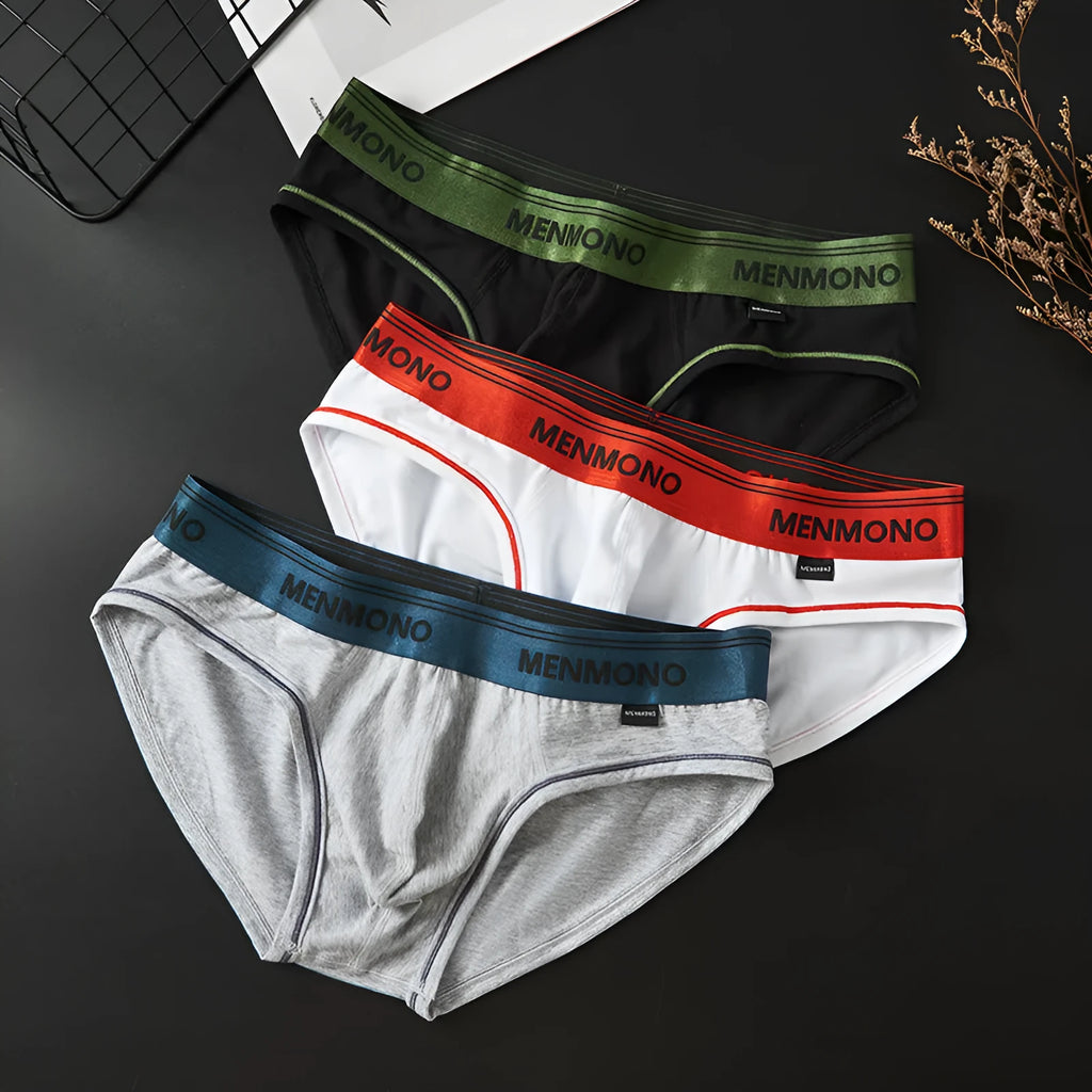 Men's low waist cotton briefs in solid colour combinations showing knitted fabric detail