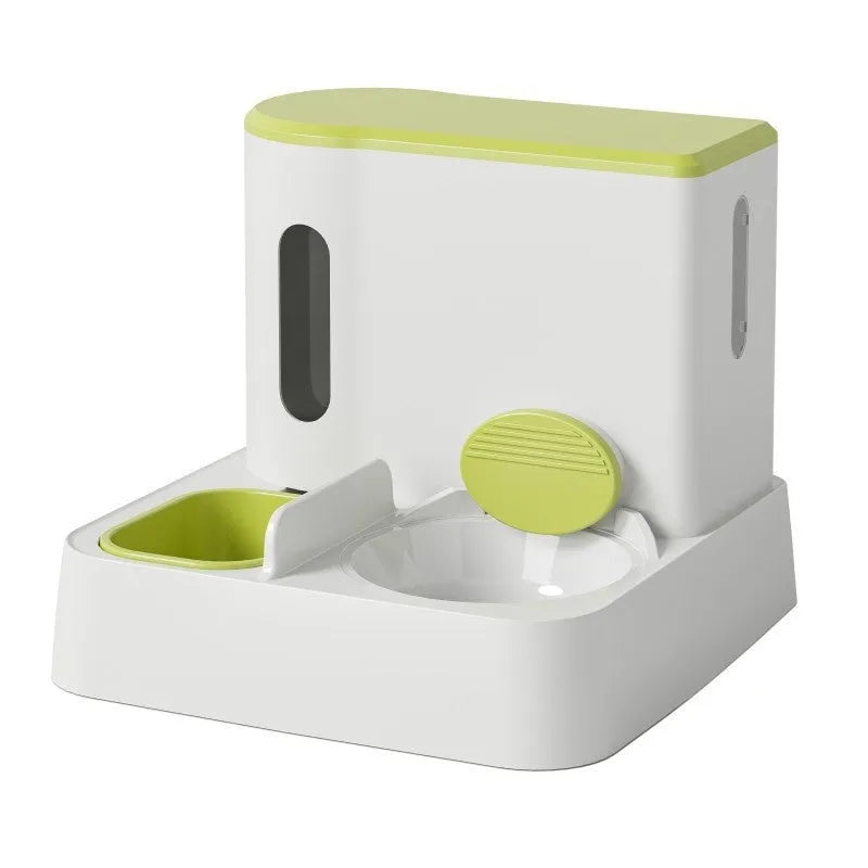Automatic cat feeder with integrated water dispenser showing grey, green, and yellow colour options