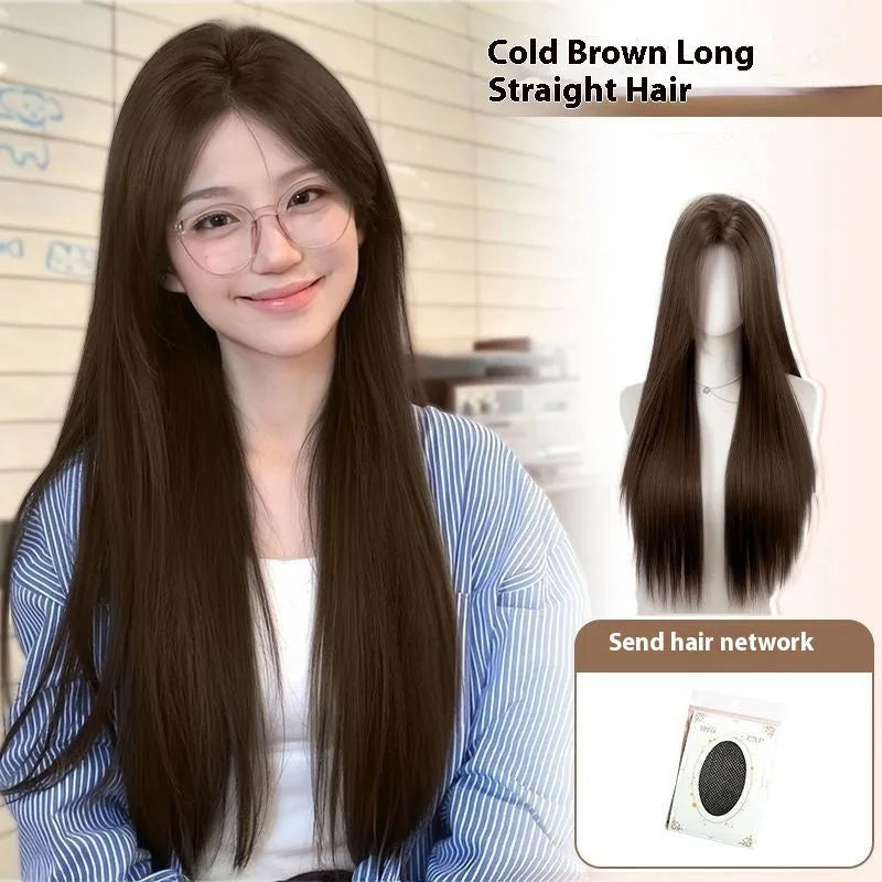 Full-head forehead lace synthetic wig in mid-length straight dark brown style for dress up.