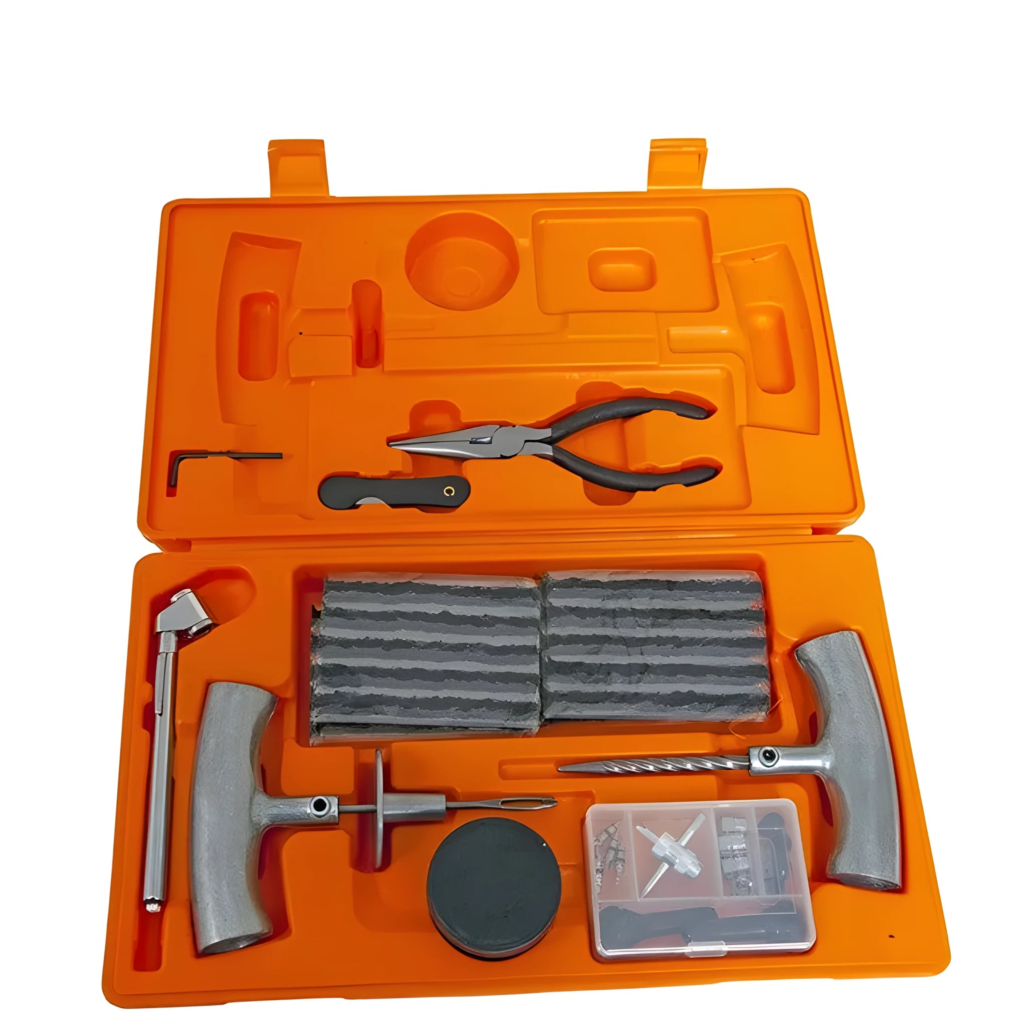 Speedy Seal tyre repair kit in a high-visibility suitcase, showing hex wrench, knife, pressure gauge, pliers, insertion tool, and reamer tool.