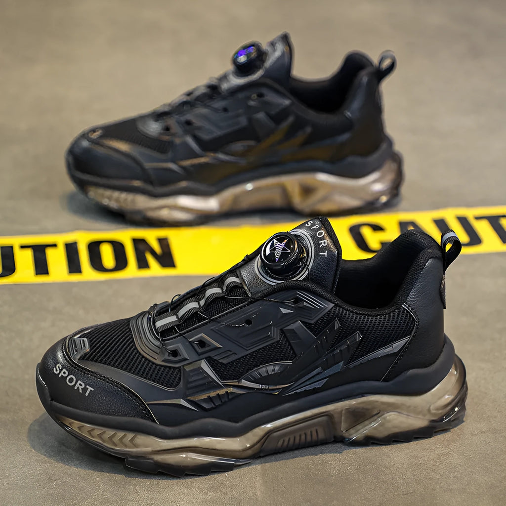 Men's black rotating button casual sneakers with mesh upper and platform sole
