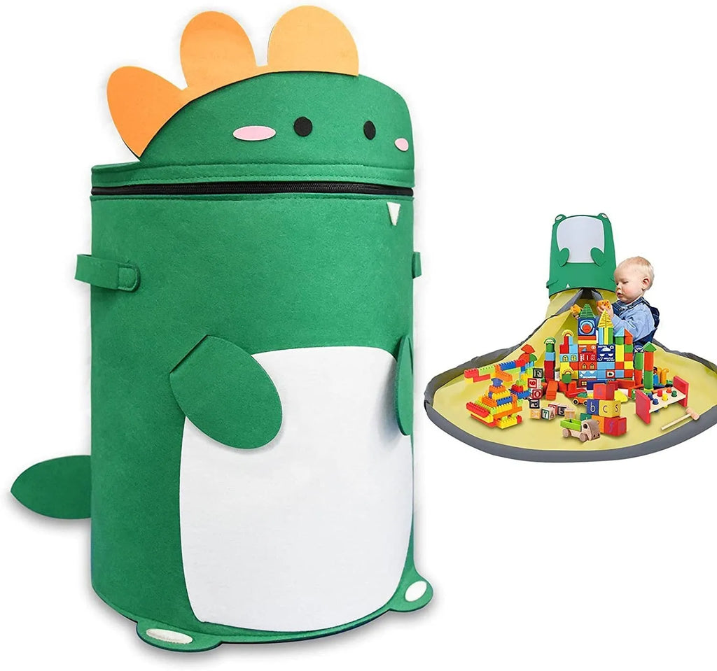 Green felt cube storage bag open as play mat with pull rope closure for toy organisation