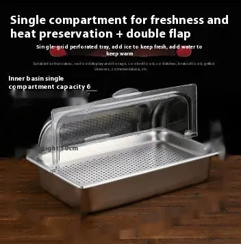 Stainless steel commercial dining plate display box with a removable lid and multiple inner compartments.