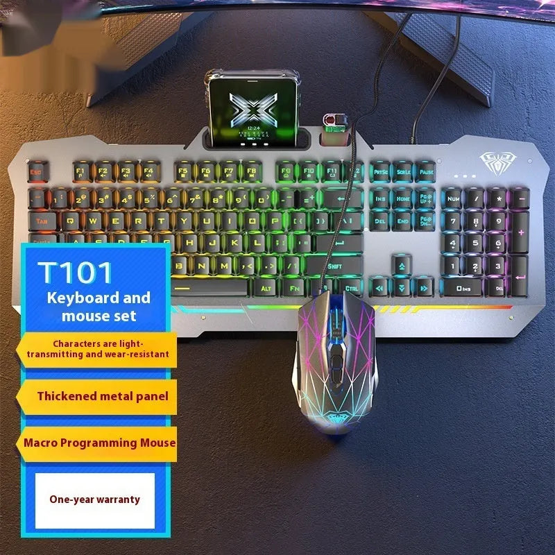 Metal mechanical keyboard bundle with gaming mouse, headset, and optional mouse pad on a desk.