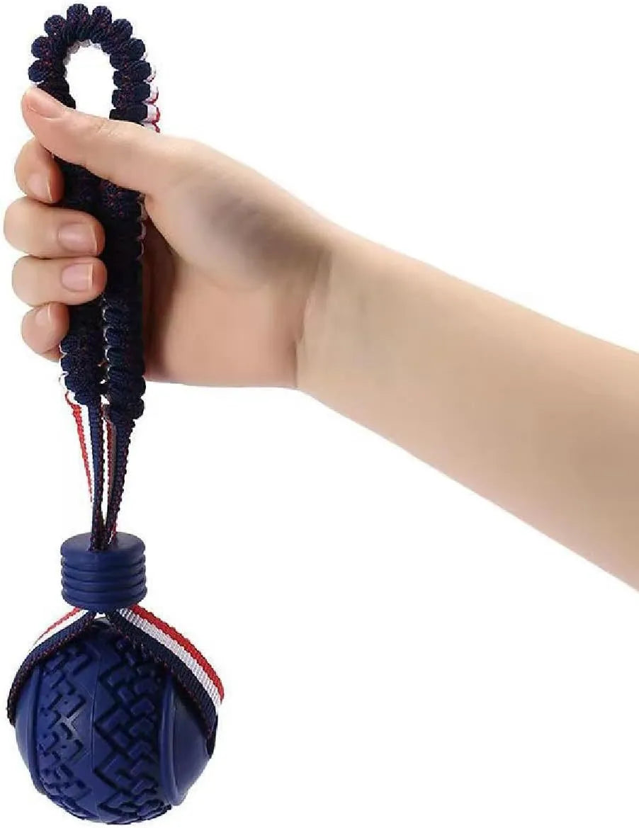 Blue dog ball with rope toy for small dogs on a white background.