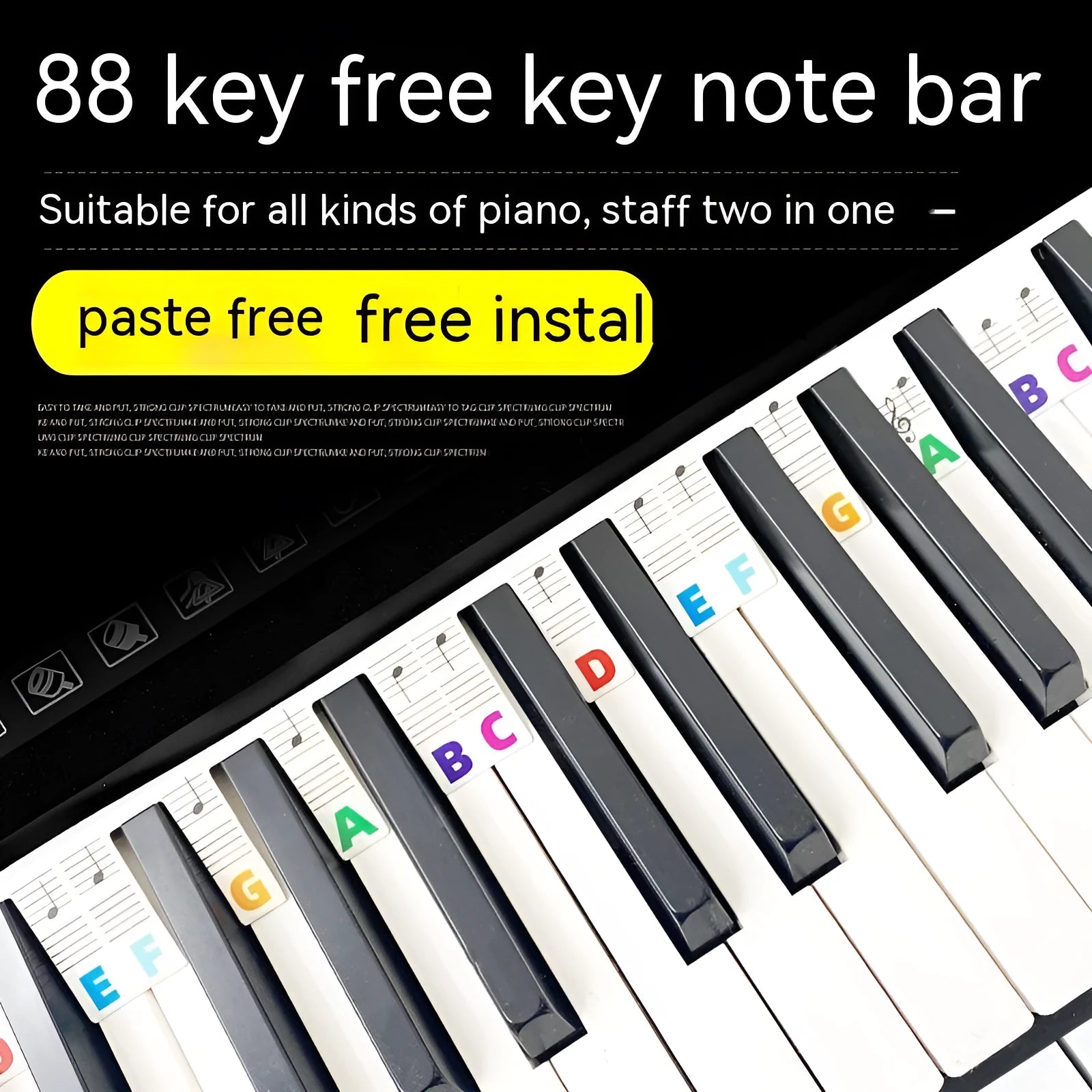 Piano note bar stickers for 88-key keyboards with colour-coded staff notation and black note indicators