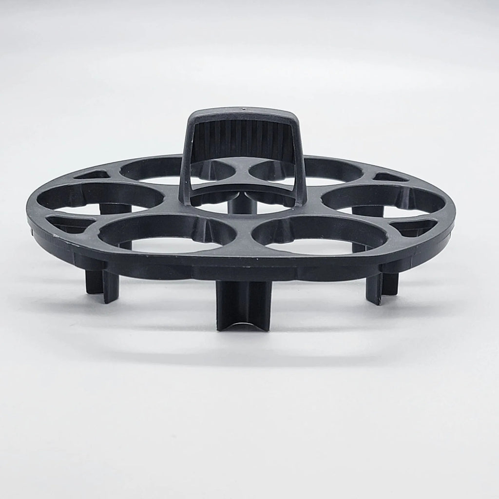 Black plastic egg holder basket with retainer, dimensions 13.8 by 12.6 cm.