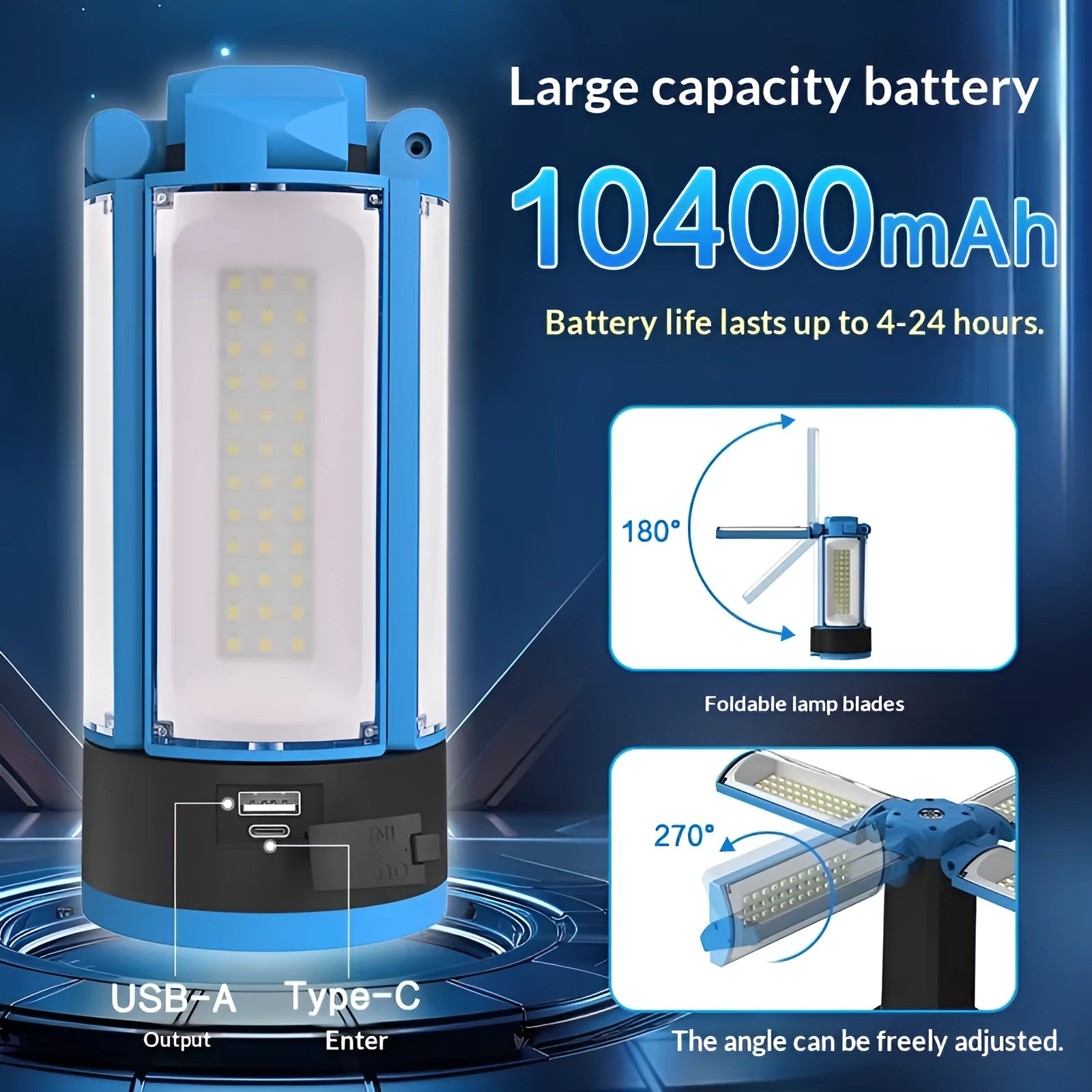 Blue foldable outdoor LED camping lamp with folding bracket and storage bag
