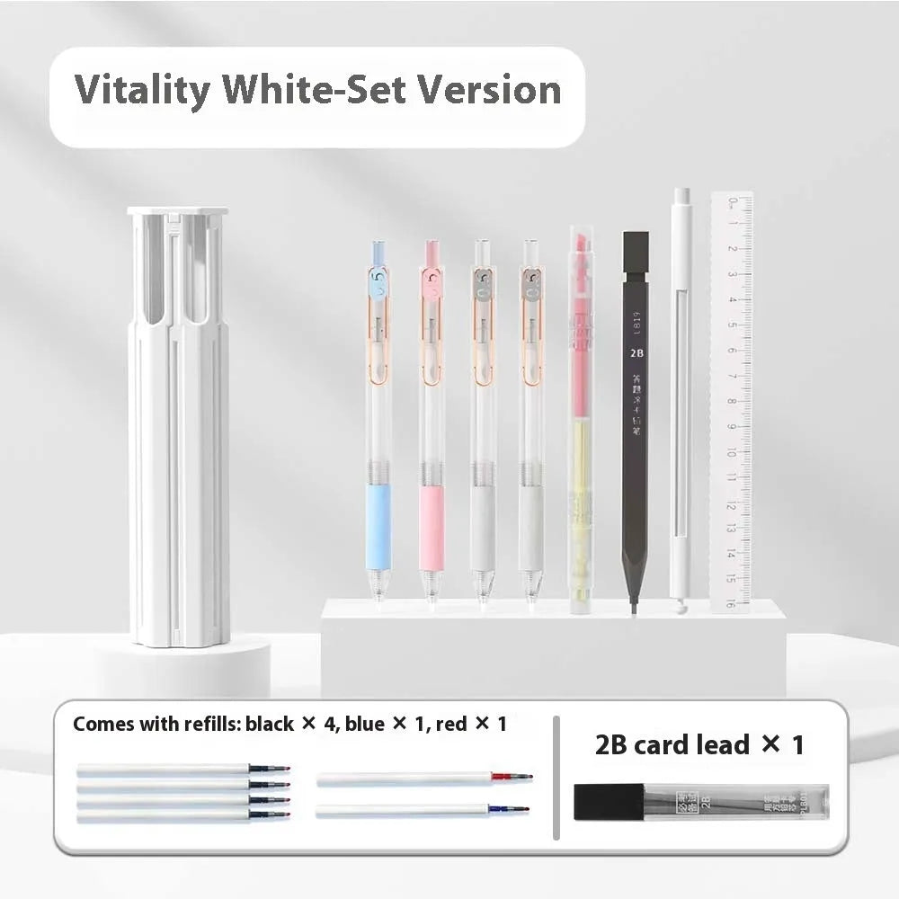 Plastic pencil case kit with pressing pen in pink, blue, or white, showing six-piece and sixteen-piece set options