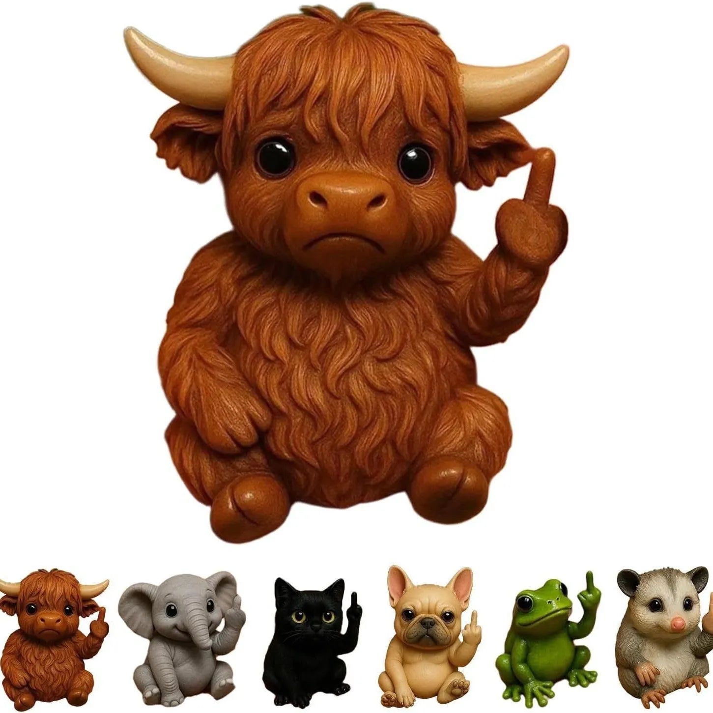 Mini resin animal doll making a middle finger gesture, available in cat, dog, elephant, frog, Highland cattle, mouse, and turtle styles.