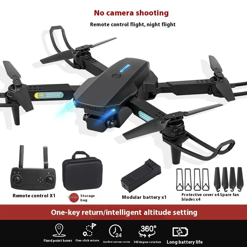 S138 black carbon fibre folding drone with propellers extended, showing dual camera and obstacle avoidance sensors.