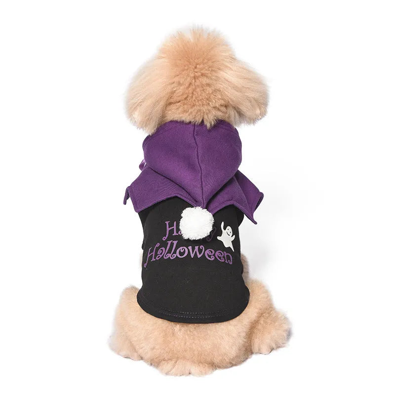Halloween pumpkin theme two-piece dog costume with sweater and shawl in black and orange colours