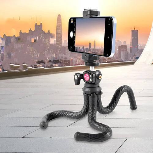 Black octopus-style flexible tripod with phone clip extended to 360mm length