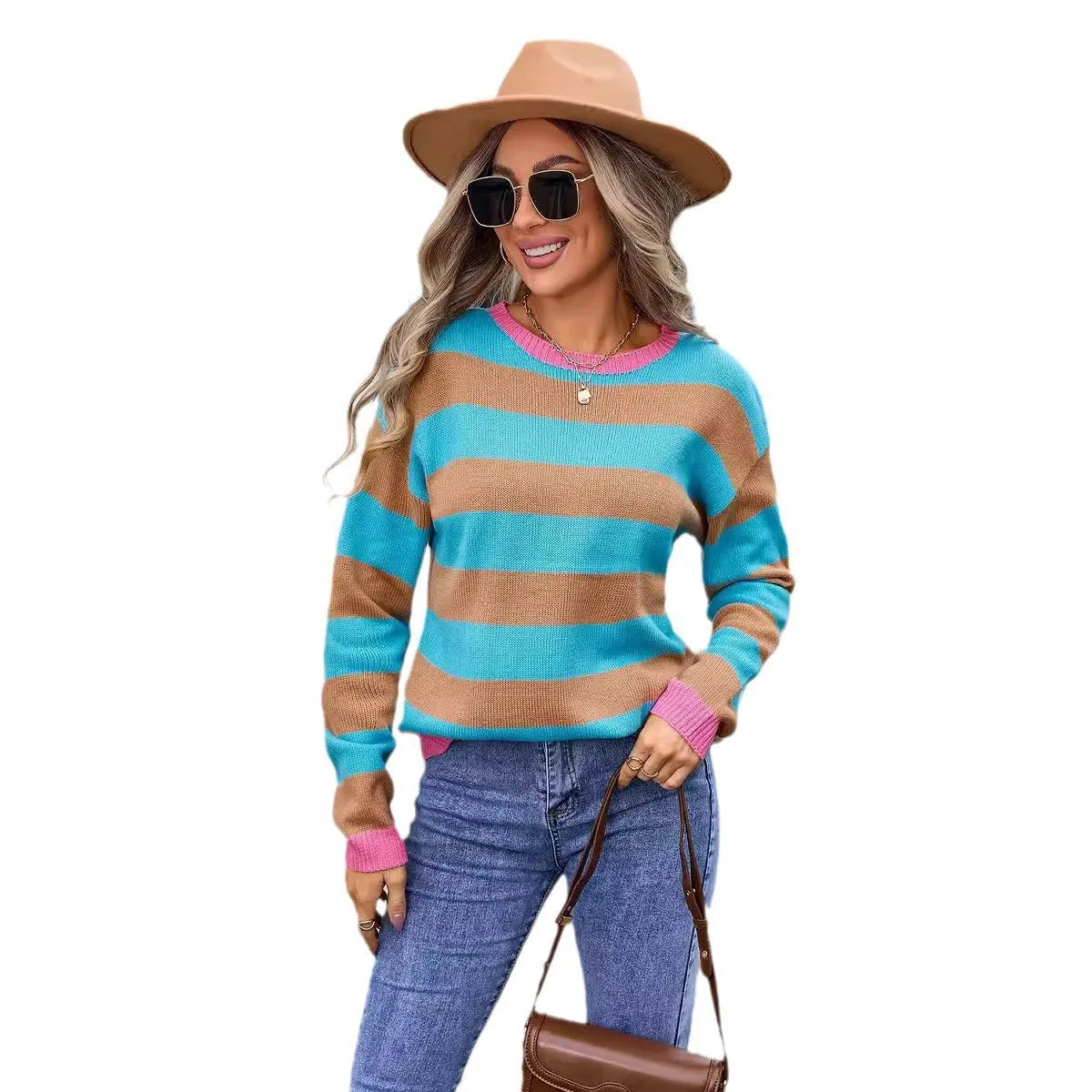 Women's loose blue acrylic long sleeve sweater with round neck on hanger