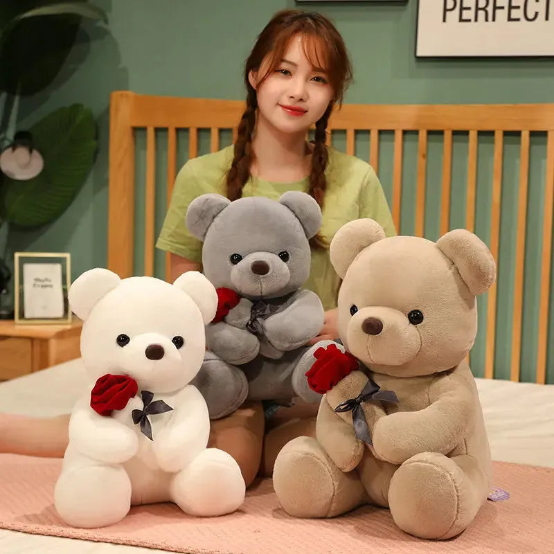 Plush teddy bear pillow in rose bear colours with cartoon design, shown in 25cm, 35cm and 45cm sizes