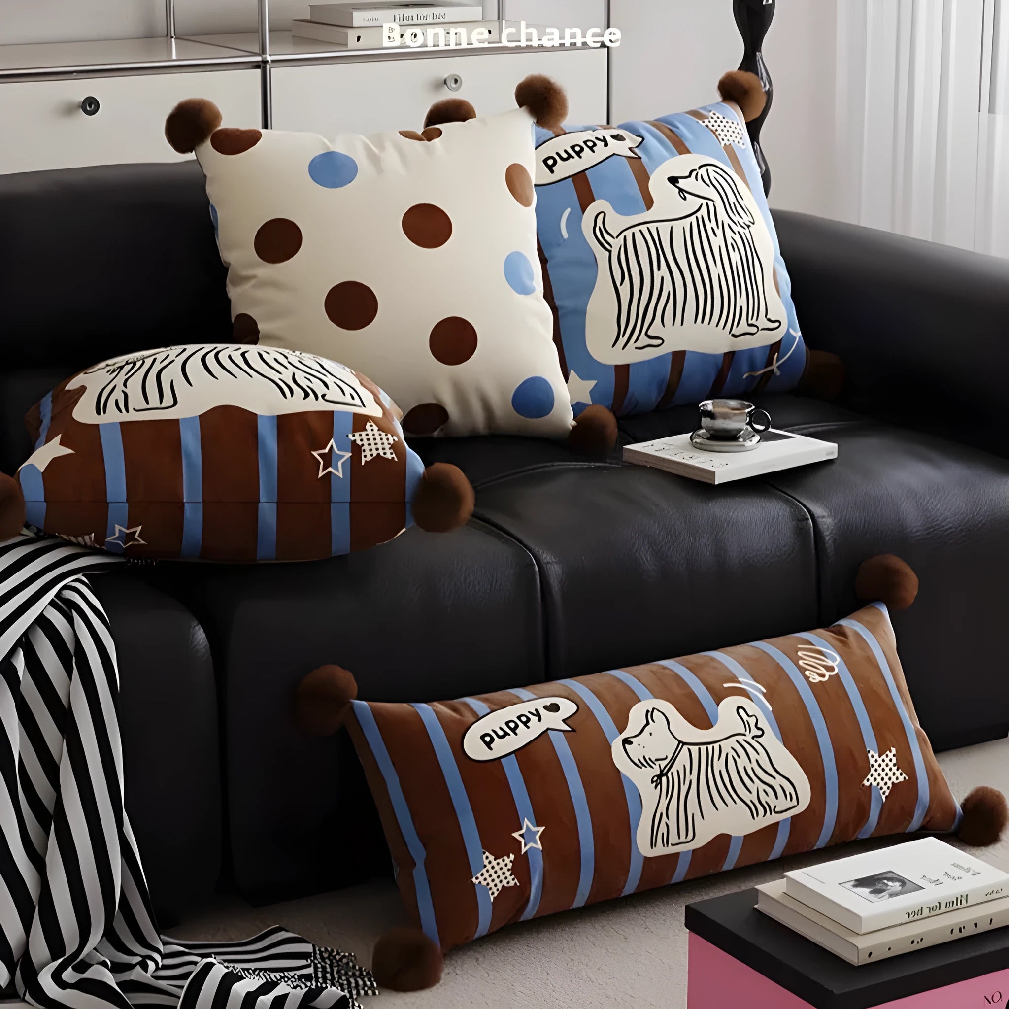 Blue cartoon animal print cushion pillow on a sofa, showing square and rectangular size options.