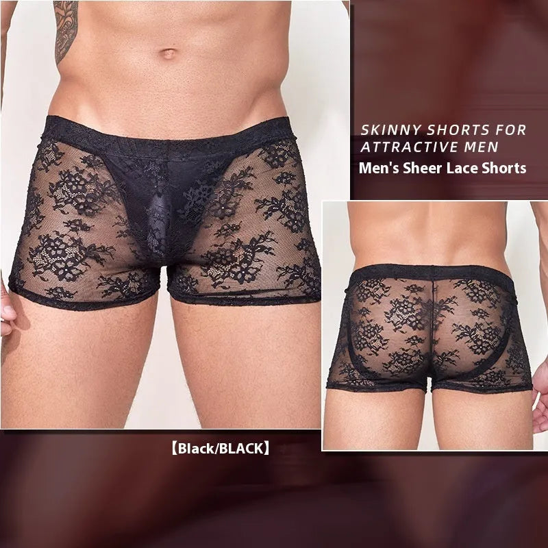 A pair of men's nylon lace boxers on a neutral background, shown in the available black, white, and red colour options.