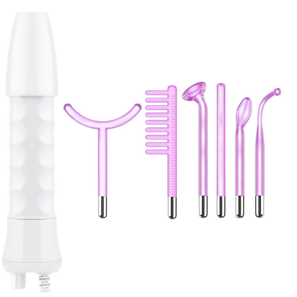 Purple High Wave electrotherapy rod beauty instrument with six accessory heads for professional skin treatments
