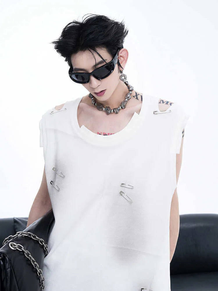 Men's black sleeveless vest waistcoat t-shirt with irregular ripped cutting detail