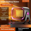 Compact white PTC ceramic desktop heater with rotatable body on a wooden desk.