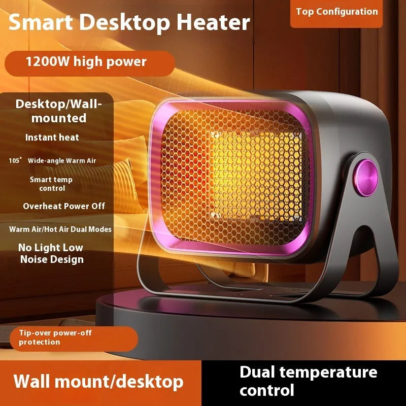 Compact white PTC ceramic desktop heater with rotatable body on a wooden desk.