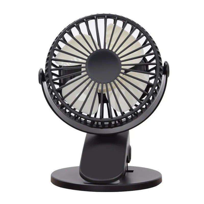 White USB rechargeable mini clip fan with plastic blades attached to a stroller handle.