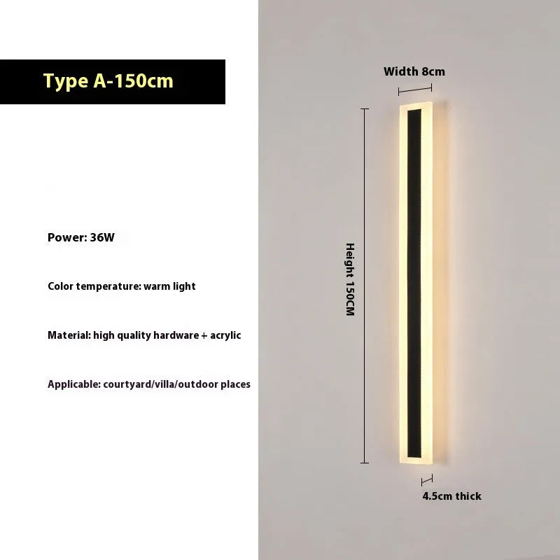 150cm long straight outdoor LED wall lamp with wrought iron housing, shown mounted on an exterior wall.