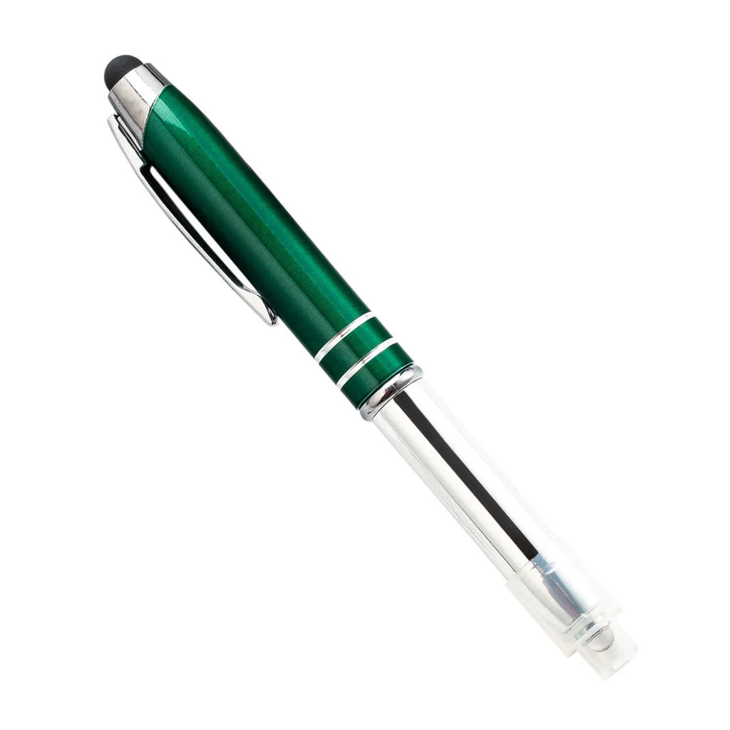 Metal capacitive stylus and ballpoint pen with LED light in five colour options.