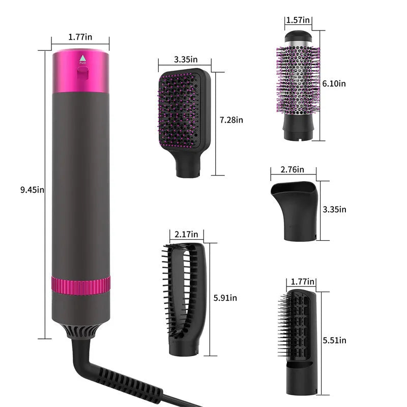 Dyson grey 5 in 1 hair dryer brush styling tool with multiple brush attachments on white background