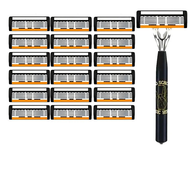 Black manual shaver cutter head with six-layer finger grip handle and multiple blade configurations.