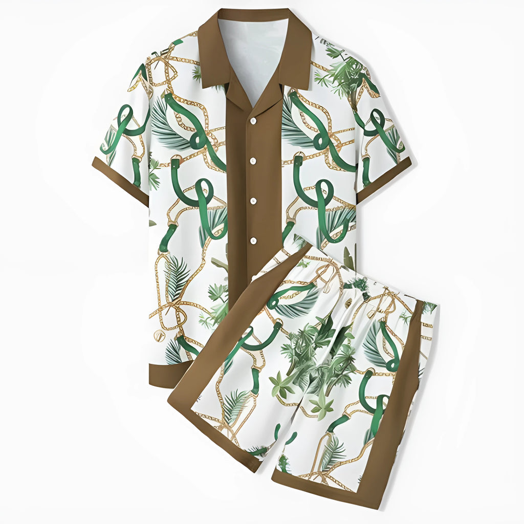 Plaid print short-sleeve shirt and trouser beach outfit set on a mannequin