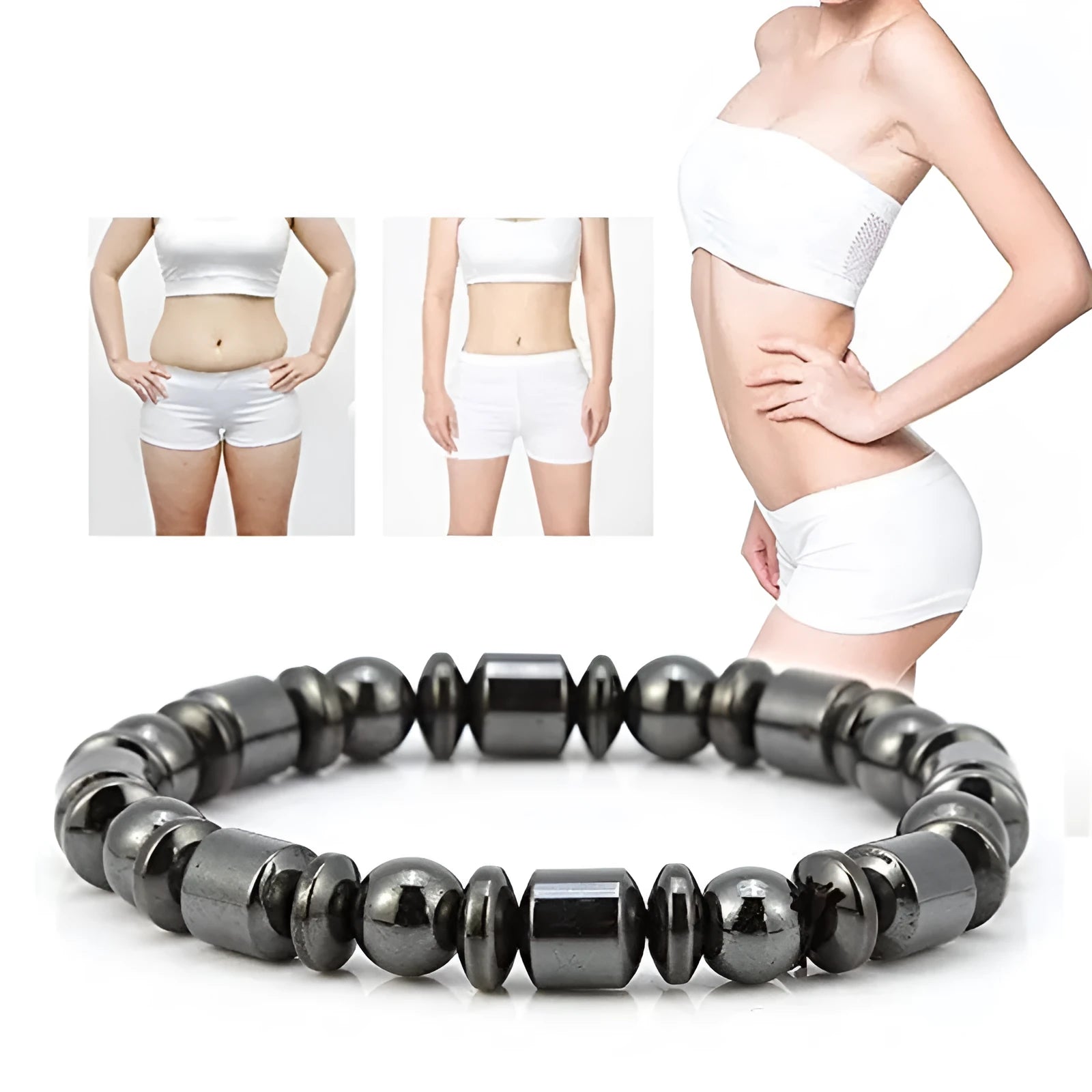 Black pentagram stone magnetic therapy bracelet with stretch fit on wrist