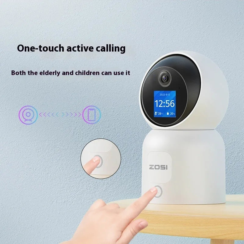 Zhou Shi indoor WiFi security camera with screen on white plastic housing