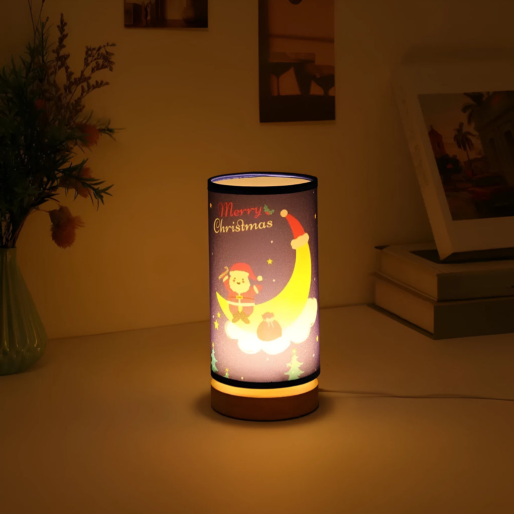 Santa Claus silhouette on a moon-shaped USB LED night light with a bamboo base.