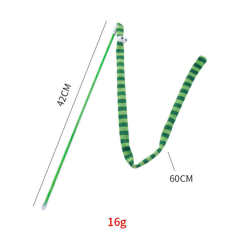 Green cat wand toy with long plush strip on a polycarbonate pole