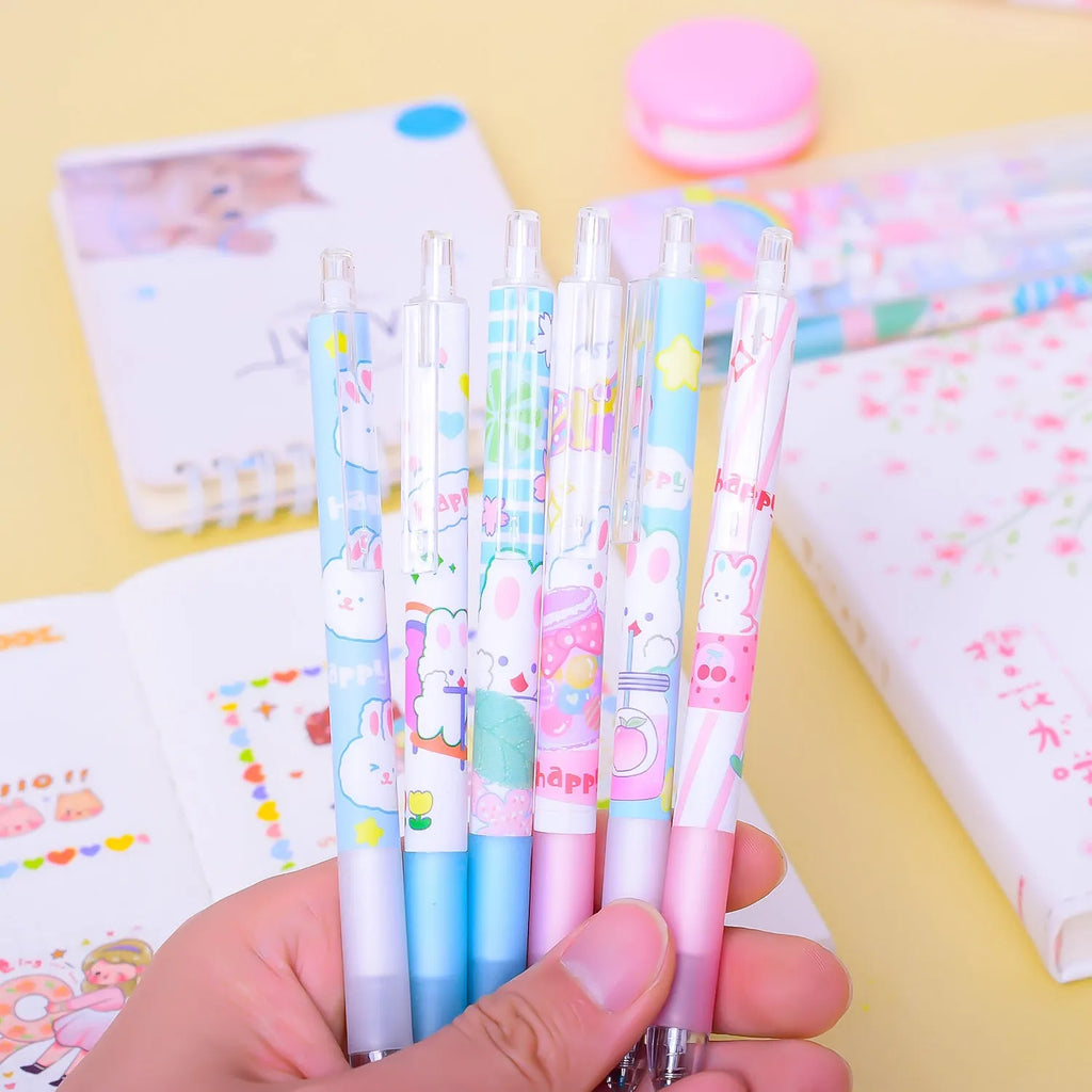 Six cartoon bunny design ballpoint pens with 0.5mm points and black ink