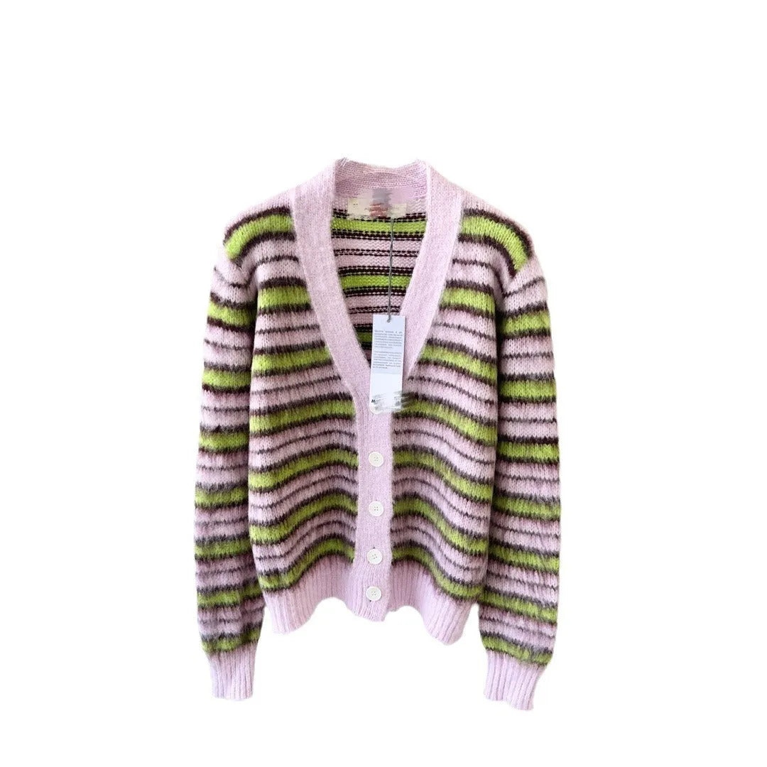 Pink wool knitted cardigan sweater showing both cardigan and round-neck pullover style options