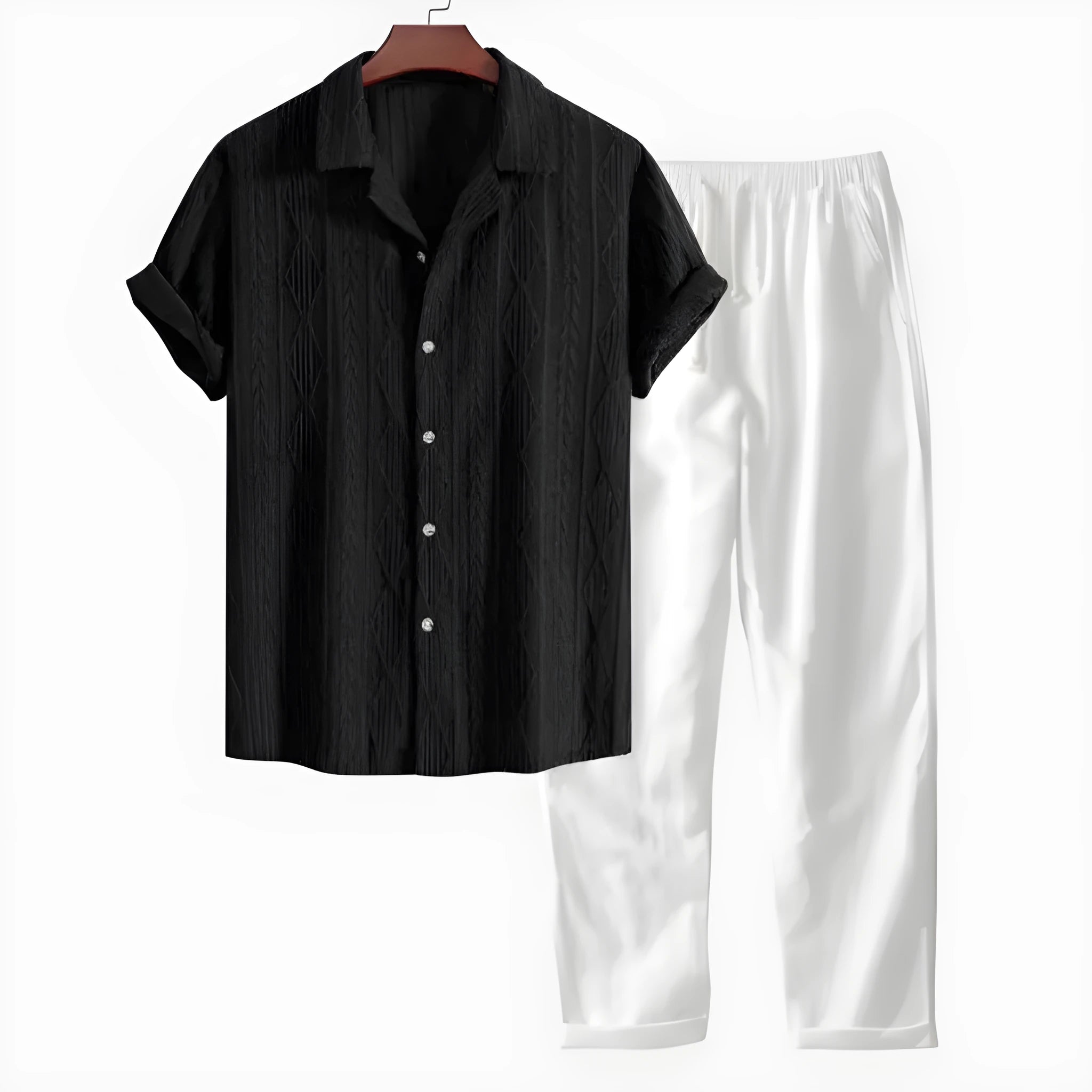 Slim-fit linen cardigan suit set with digital camouflage pattern including short-sleeve shirt and trousers