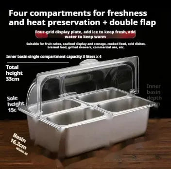 Stainless steel commercial dining plate display box with a removable lid and multiple inner compartments.